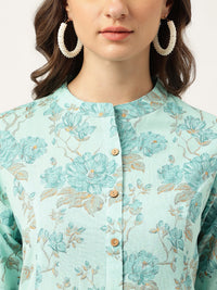 Divena Sea Green Floral Printed Cotton A-Line  Kurta