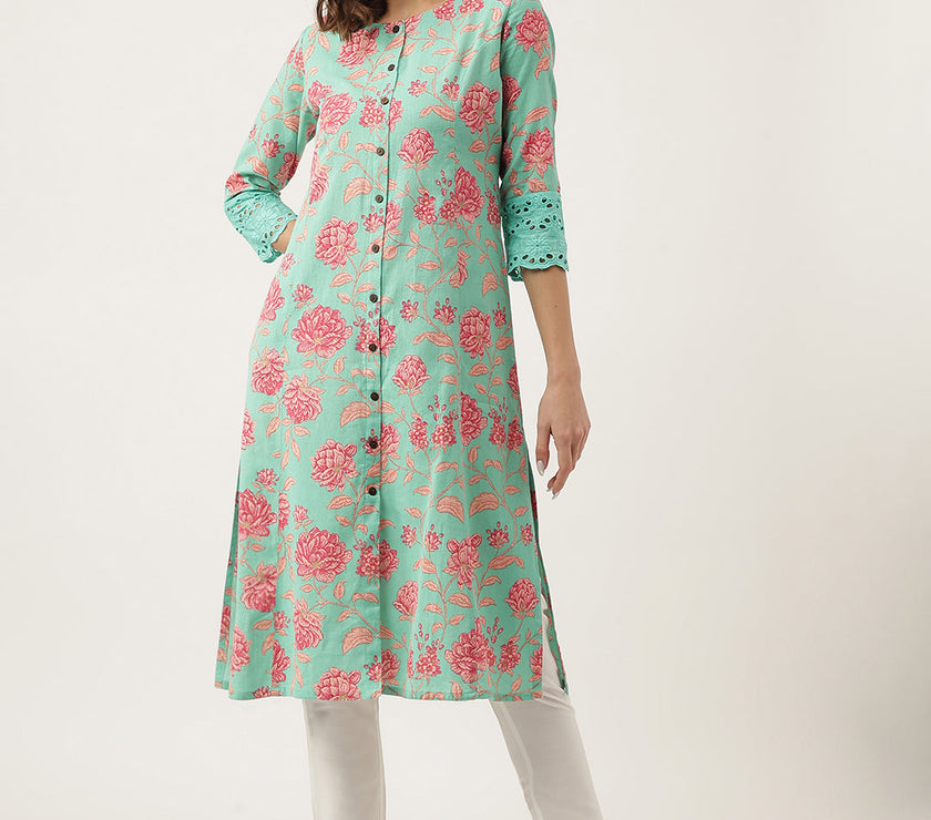 Divena Green Floral Printed Cotton A-Line Kurta