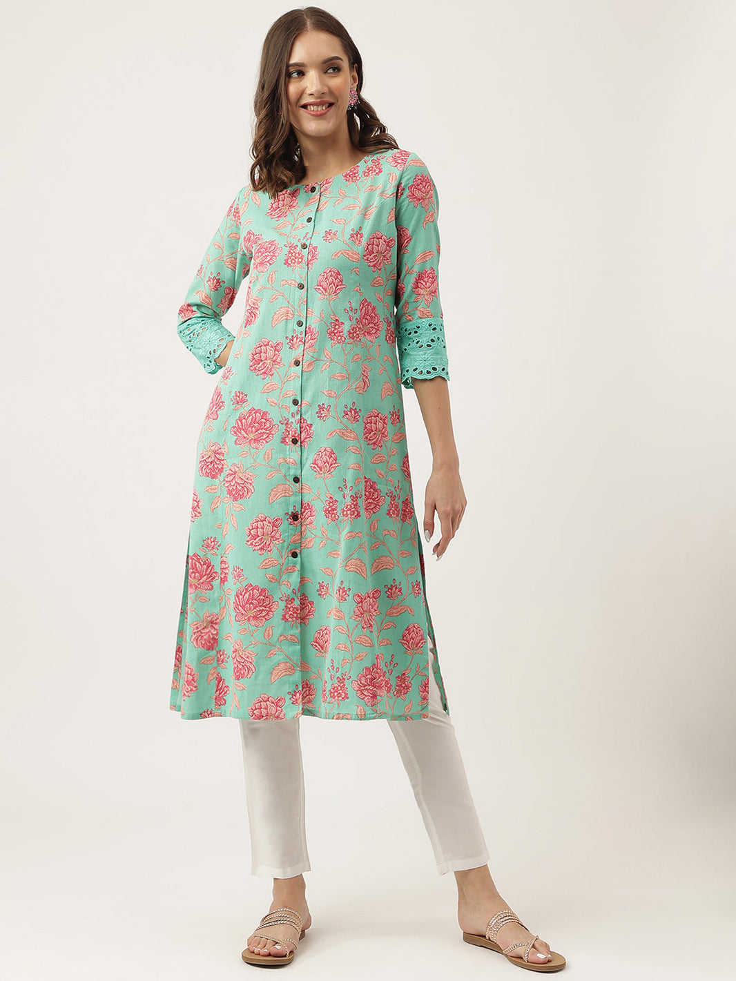 Divena Green Floral Printed Cotton A-Line Kurta