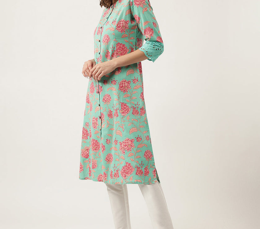 Divena Green Floral Printed Cotton A-Line Kurta