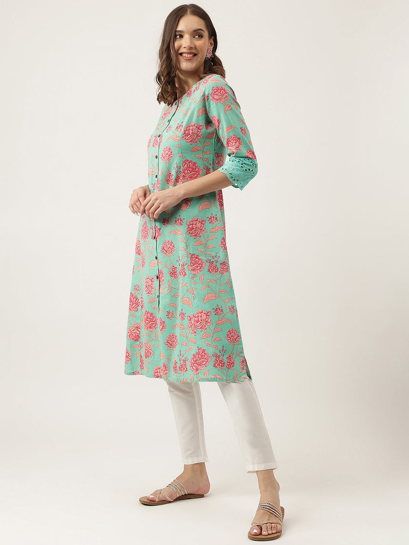 Divena Green Floral Printed Cotton A-Line Kurta