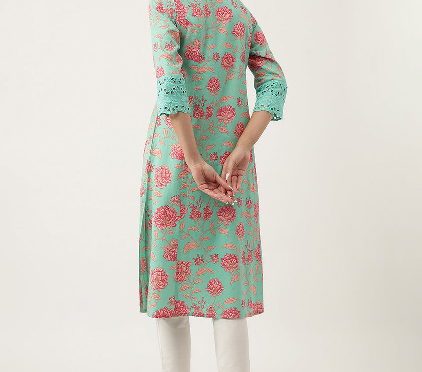 Divena Green Floral Printed Cotton A-Line Kurta