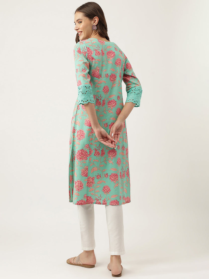 Divena Green Floral Printed Cotton A-Line Kurta