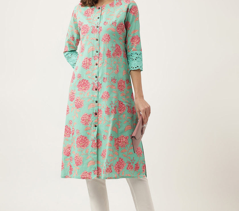 Divena Green Floral Printed Cotton A-Line Kurta