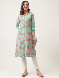 Divena Green Floral Printed Cotton A-Line Kurta