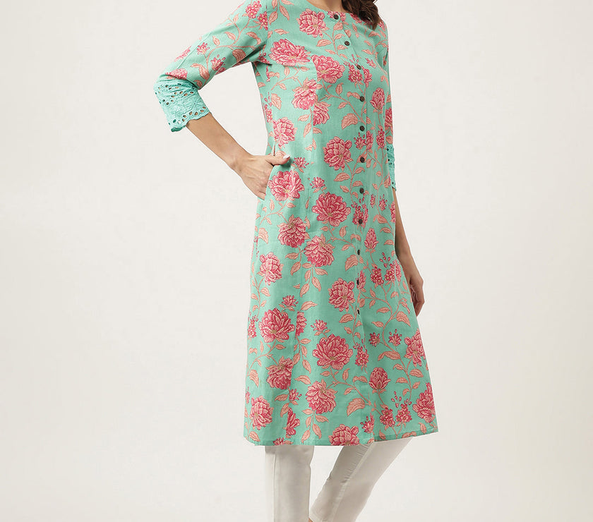 Divena Green Floral Printed Cotton A-Line Kurta