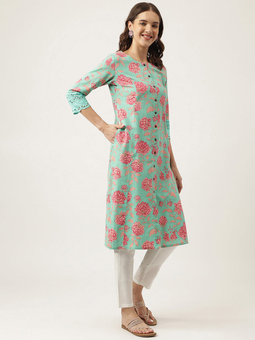 Divena Green Floral Printed Cotton A-Line Kurta