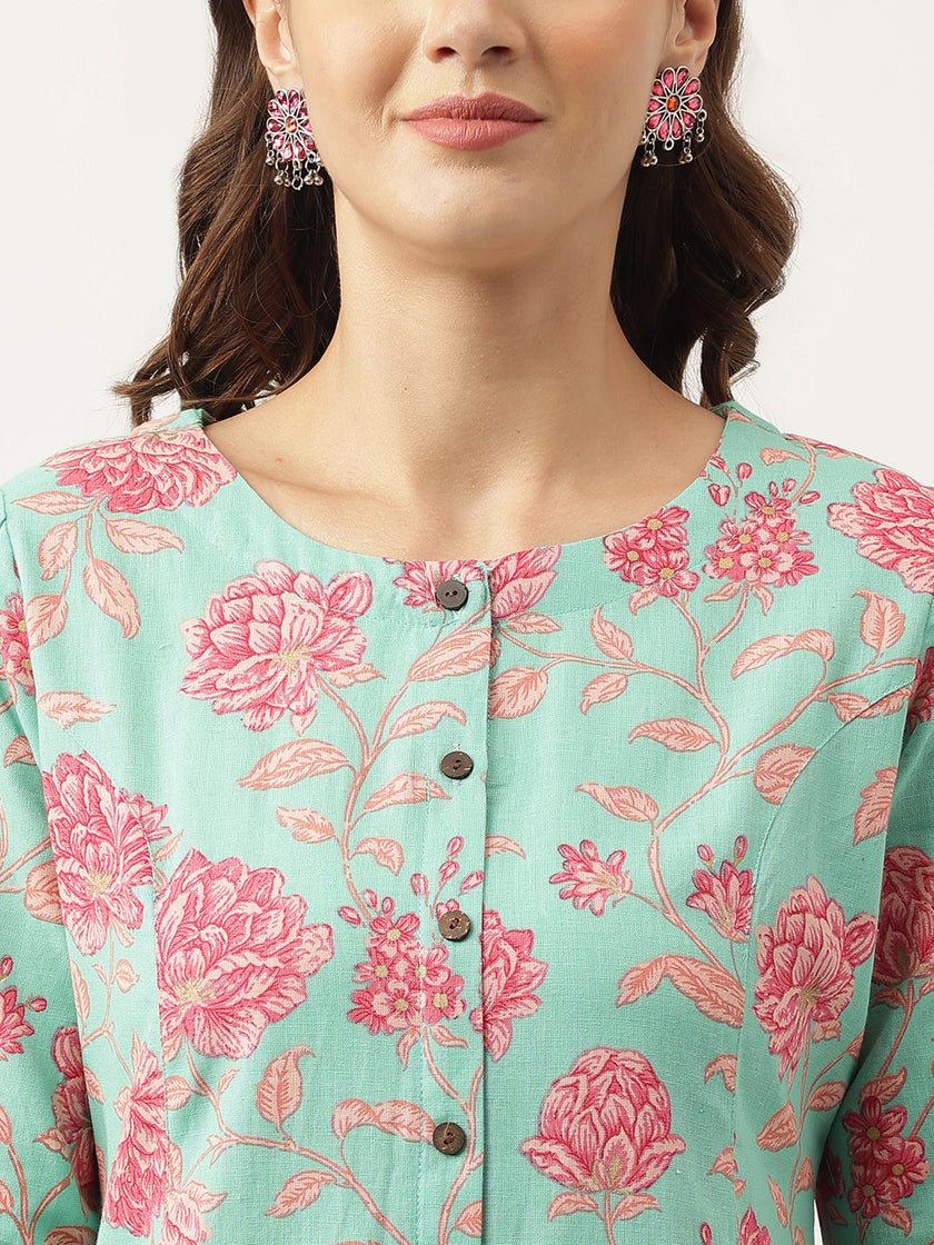 Divena Green Floral Printed Cotton A-Line Kurta