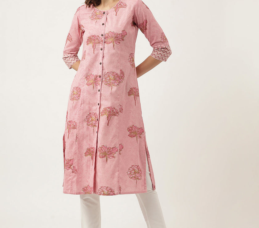 Divena Magenta Floral Printed Cotton A-Line Kurta