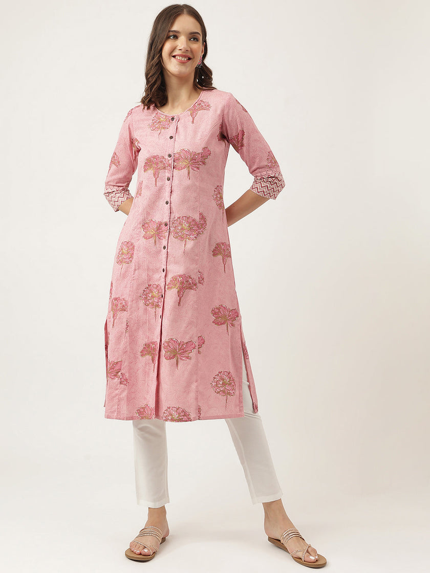 Divena Magenta Floral Printed Cotton A-Line Kurta