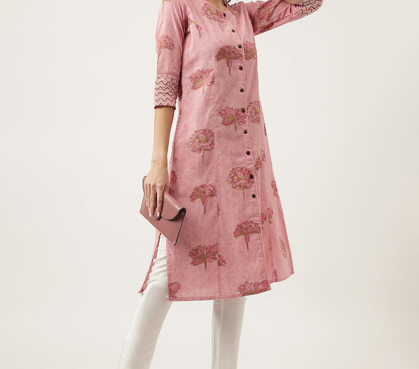 Divena Magenta Floral Printed Cotton A-Line Kurta