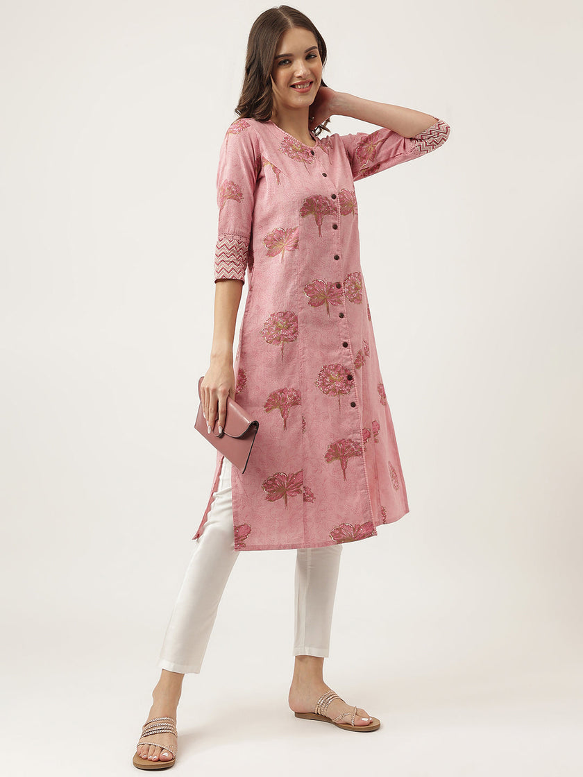 Divena Magenta Floral Printed Cotton A-Line Kurta