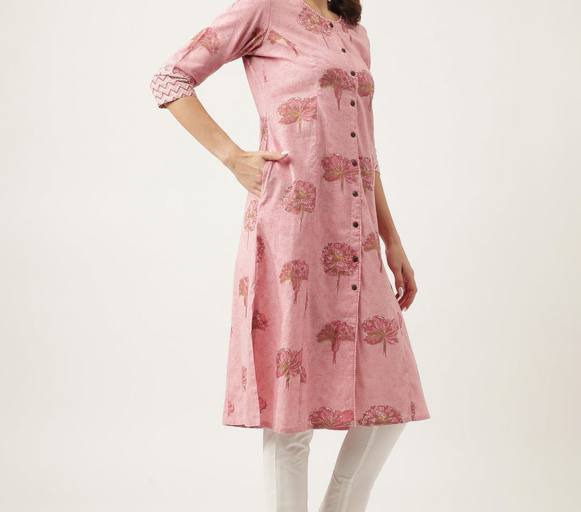 Divena Magenta Floral Printed Cotton A-Line Kurta