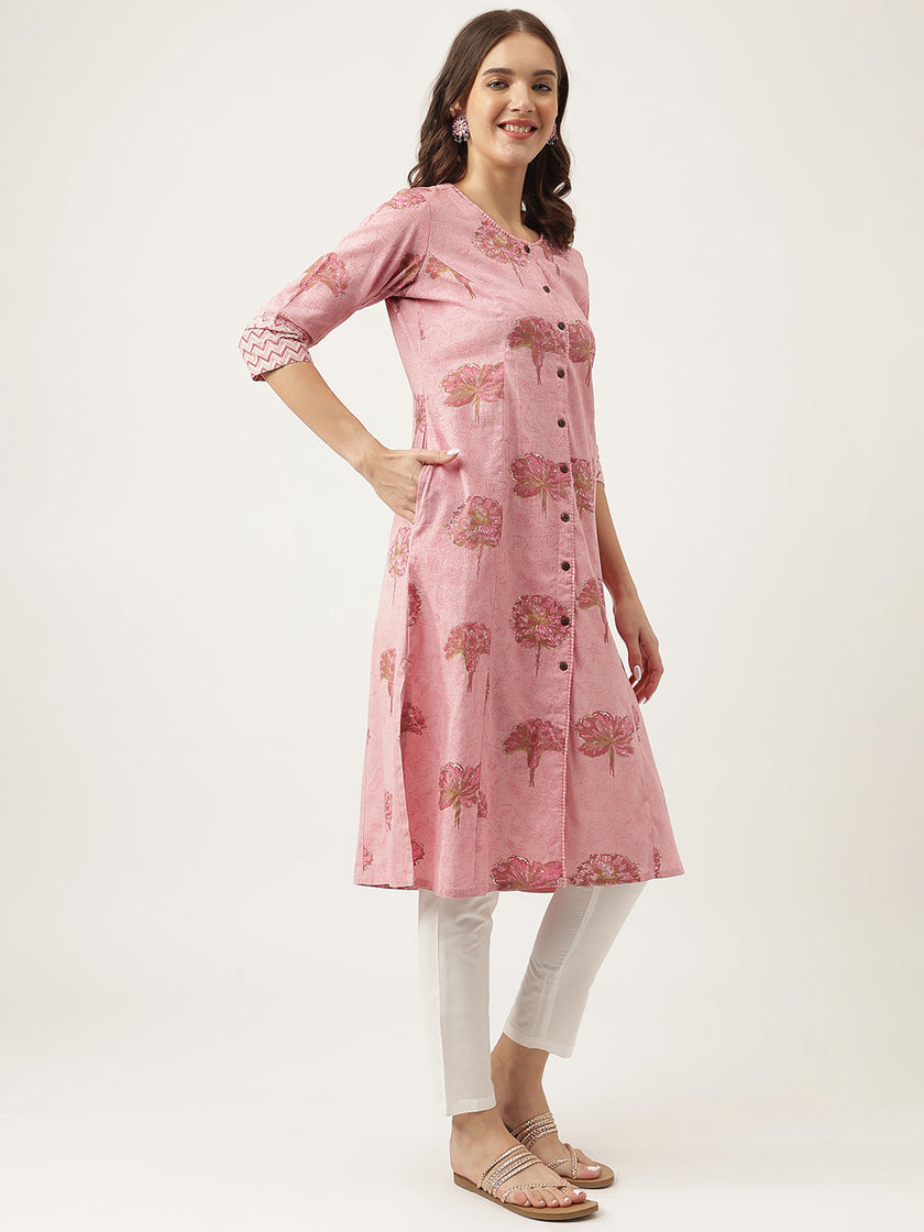 Divena Magenta Floral Printed Cotton A-Line Kurta