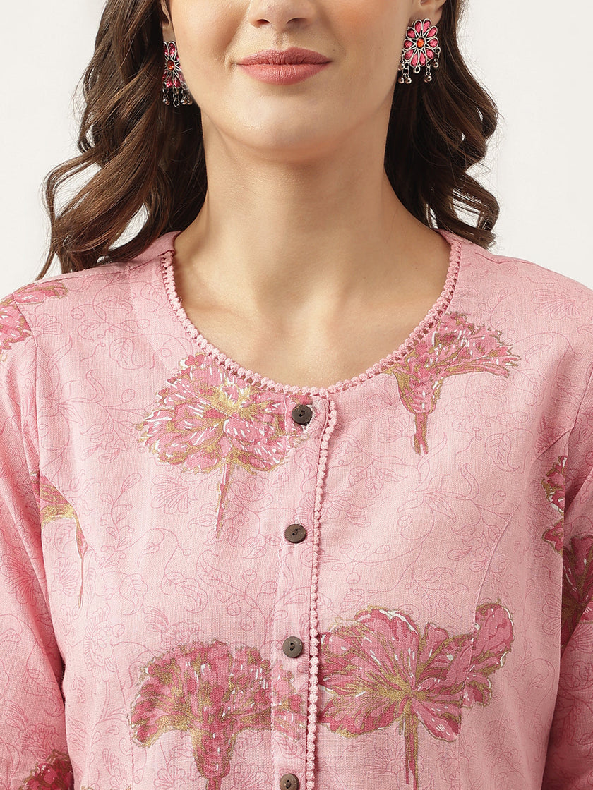 Divena Magenta Floral Printed Cotton A-Line Kurta