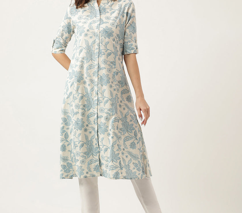 Divena Sky blue Floral Printed Cotton A-Line Kurta