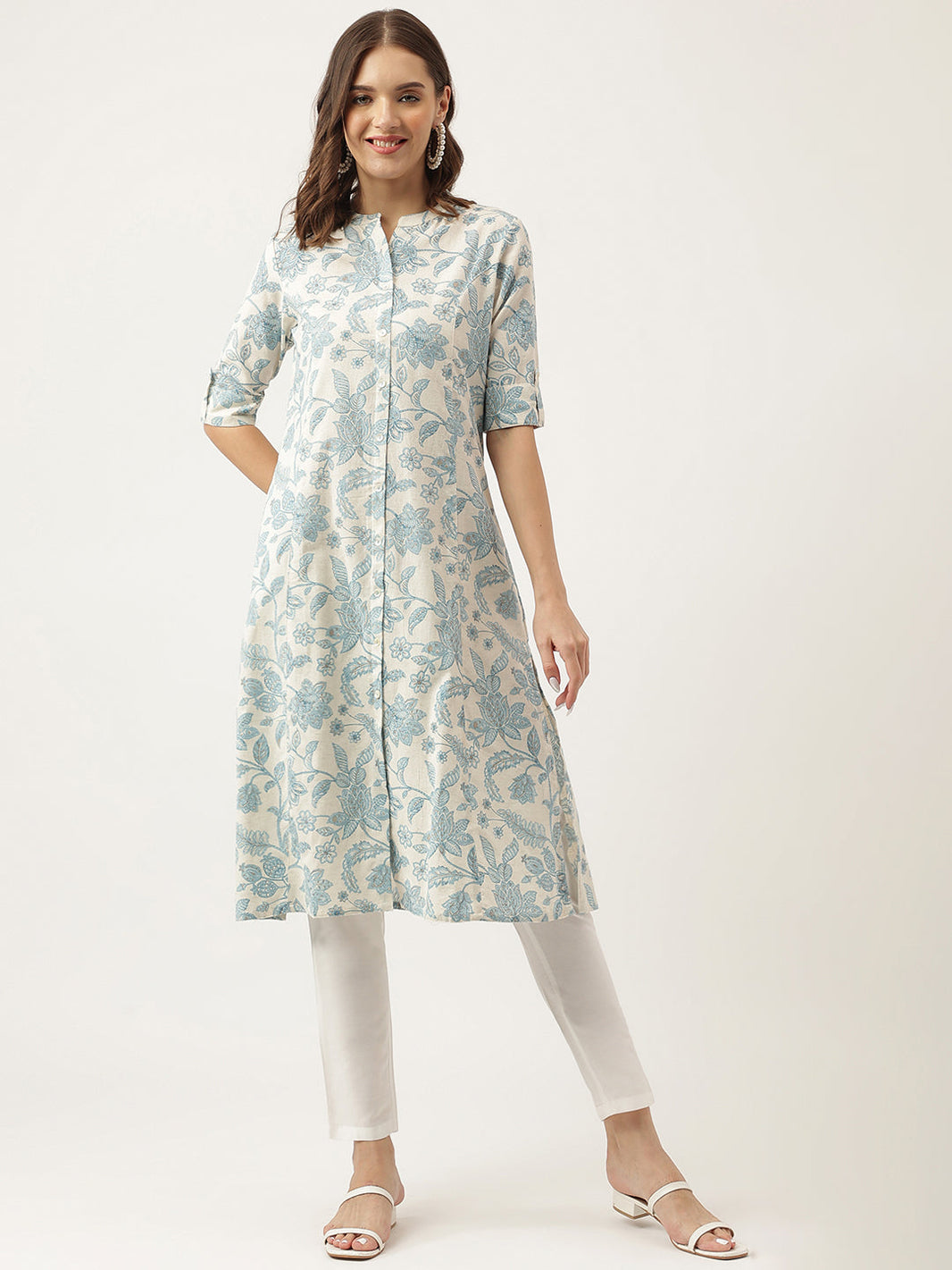 Divena Sky blue Floral Printed Cotton A-Line Kurta