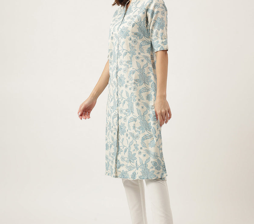 Divena Sky blue Floral Printed Cotton A-Line Kurta