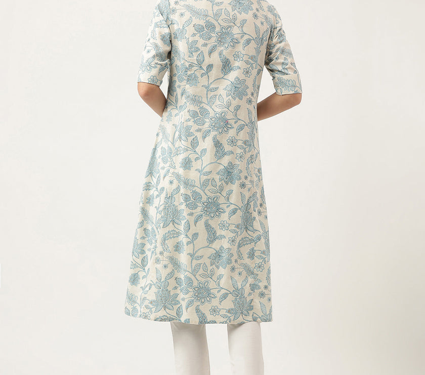 Divena Sky blue Floral Printed Cotton A-Line Kurta