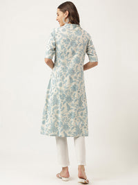 Divena Sky blue Floral Printed Cotton A-Line Kurta