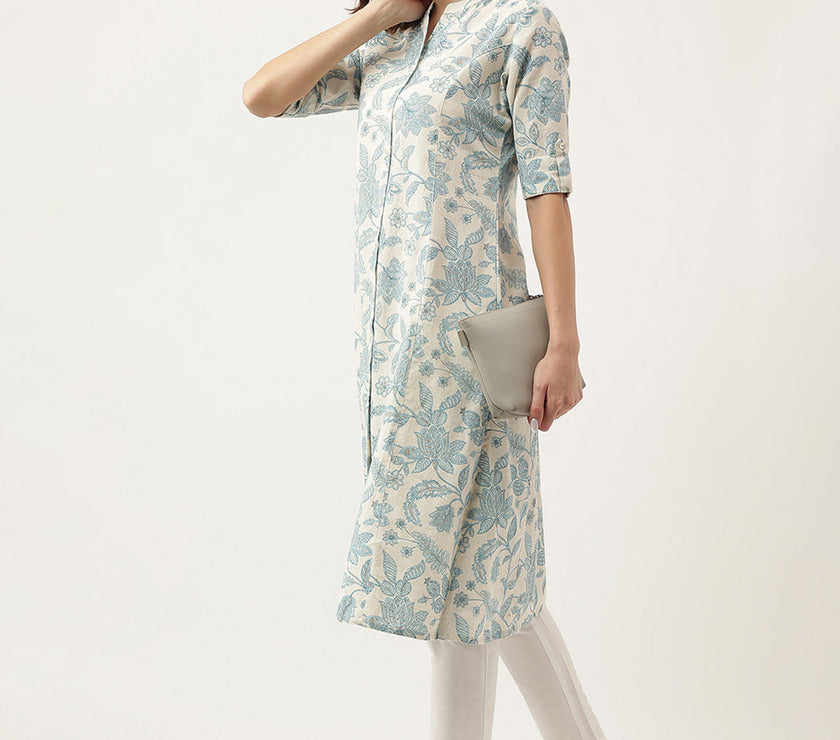 Divena Sky blue Floral Printed Cotton A-Line Kurta