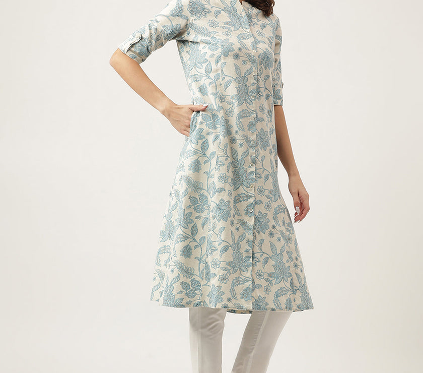 Divena Sky blue Floral Printed Cotton A-Line Kurta