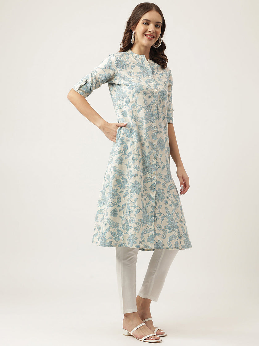 Divena Sky blue Floral Printed Cotton A-Line Kurta