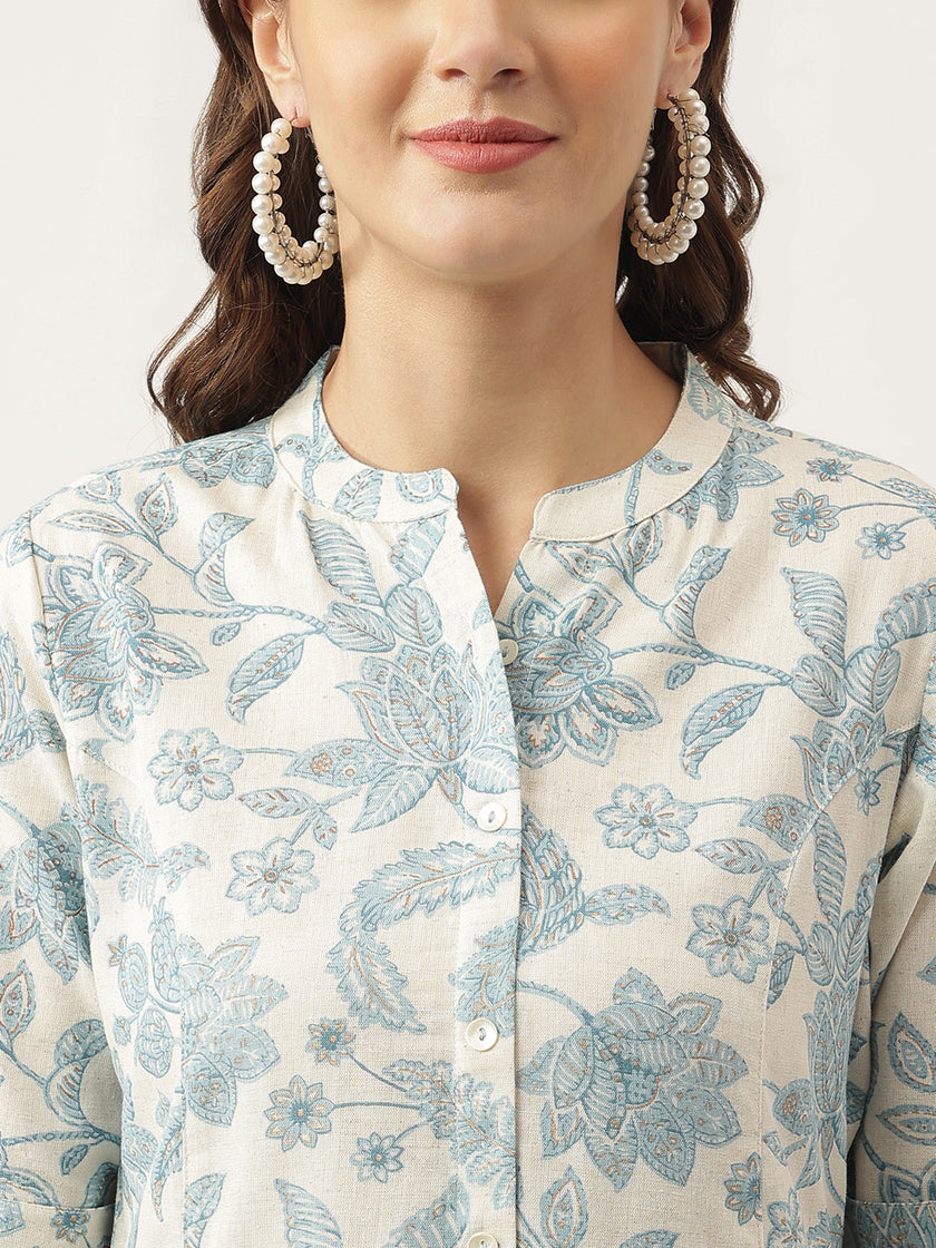 Divena Sky blue Floral Printed Cotton A-Line Kurta