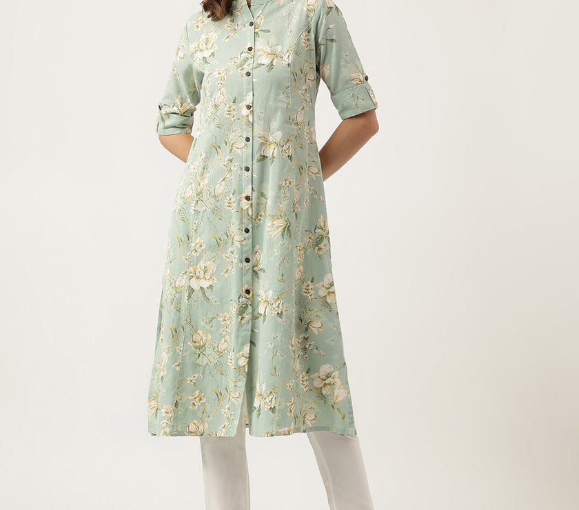 Divena Green Cotton Ethnic Motifs Floral Print Kurta