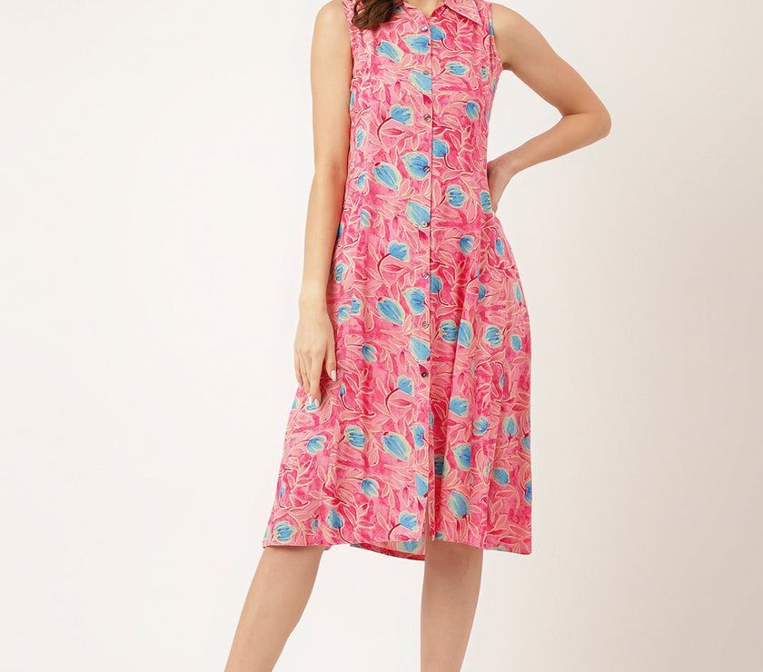 Divena Pink Floral Print Rayon A-Line Midi Dress with Attached Sleeves for Women