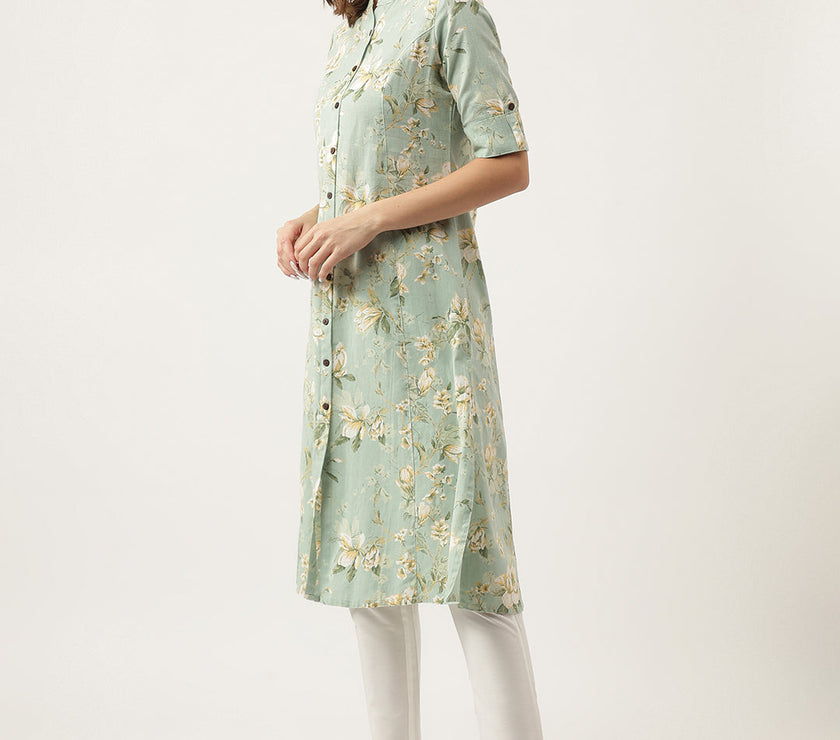 Divena Green Cotton Ethnic Motifs Floral Print Kurta