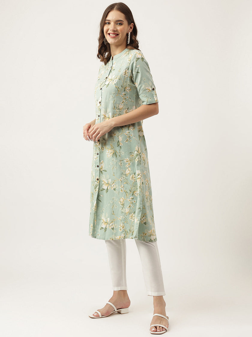 Divena Green Cotton Ethnic Motifs Floral Print Kurta