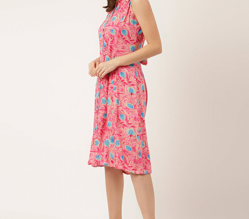 Divena Pink Floral Print Rayon A-Line Midi Dress with Attached Sleeves for Women