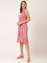 Divena Pink Floral Print Rayon A-Line Midi Dress with Attached Sleeves for Women