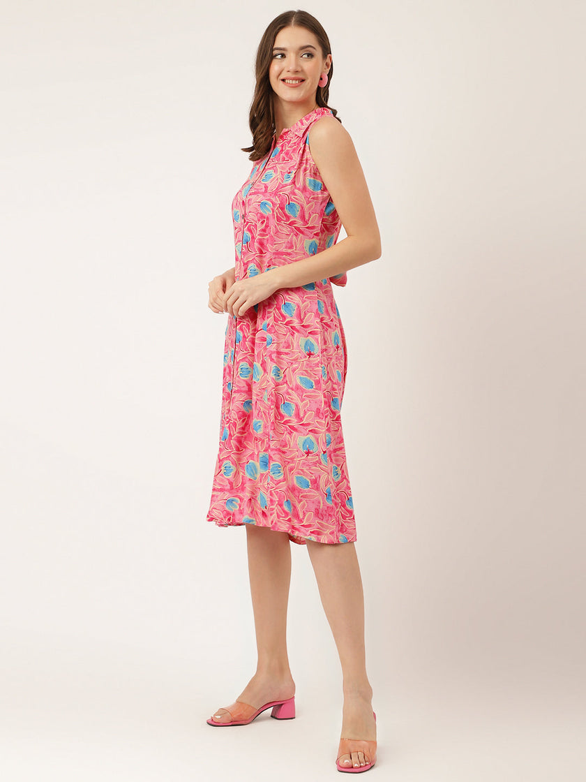 Divena Pink Floral Print Rayon A-Line Midi Dress with Attached Sleeves for Women