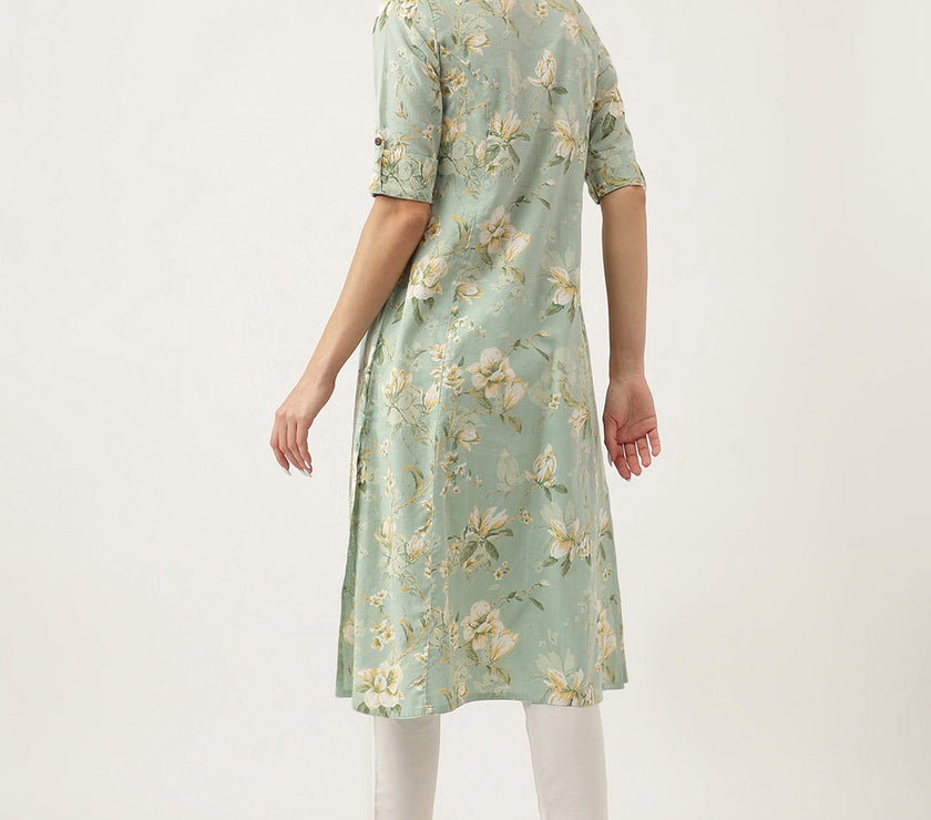 Divena Green Cotton Ethnic Motifs Floral Print Kurta