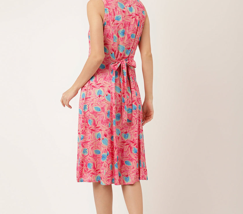 Divena Pink Floral Print Rayon A-Line Midi Dress with Attached Sleeves for Women