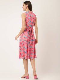 Divena Pink Floral Print Rayon A-Line Midi Dress with Attached Sleeves for Women