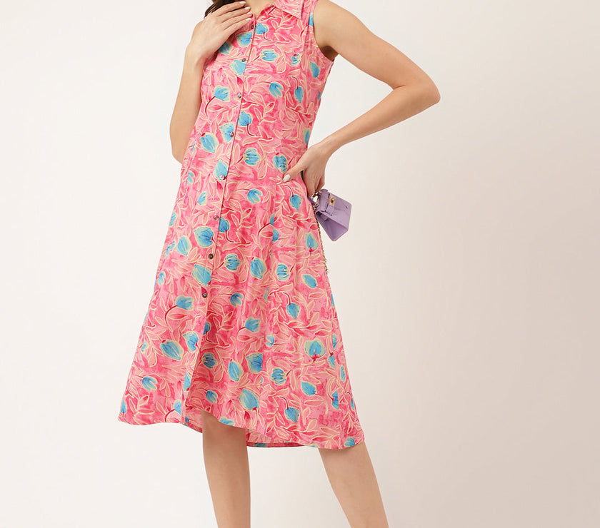 Divena Pink Floral Print Rayon A-Line Midi Dress with Attached Sleeves for Women