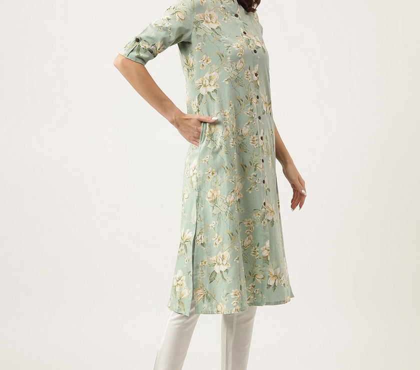 Divena Green Cotton Ethnic Motifs Floral Print Kurta