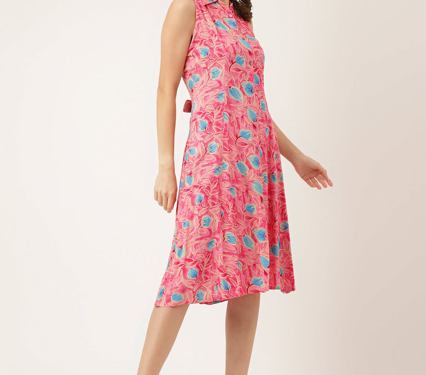 Divena Pink Floral Print Rayon A-Line Midi Dress with Attached Sleeves for Women