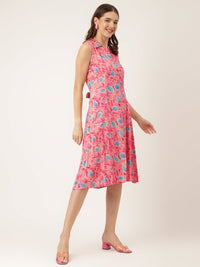 Divena Pink Floral Print Rayon A-Line Midi Dress with Attached Sleeves for Women