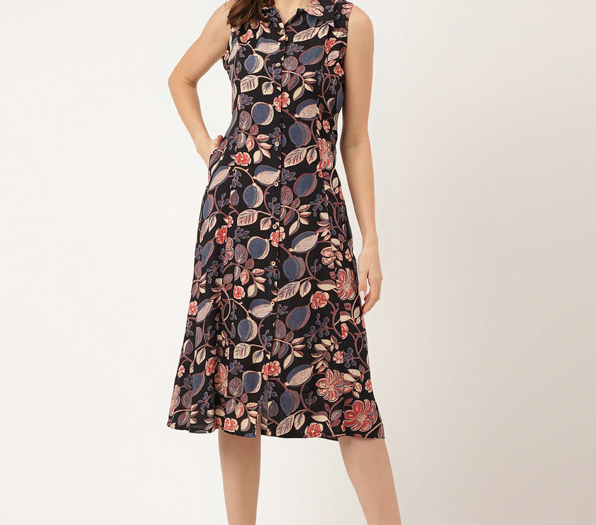 Divena Navy Blue Floral Print Rayon A-Line Midi Dress with Attached Sleeves for Women