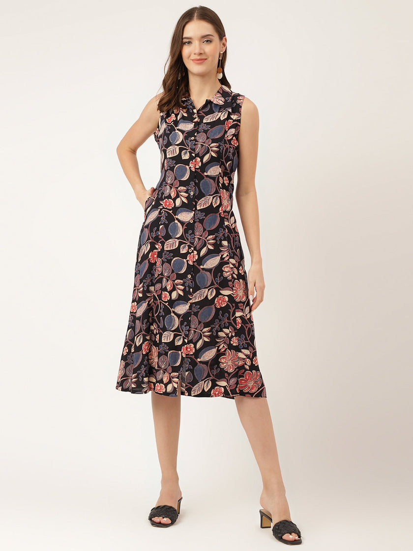 Divena Navy Blue Floral Print Rayon A-Line Midi Dress with Attached Sleeves for Women