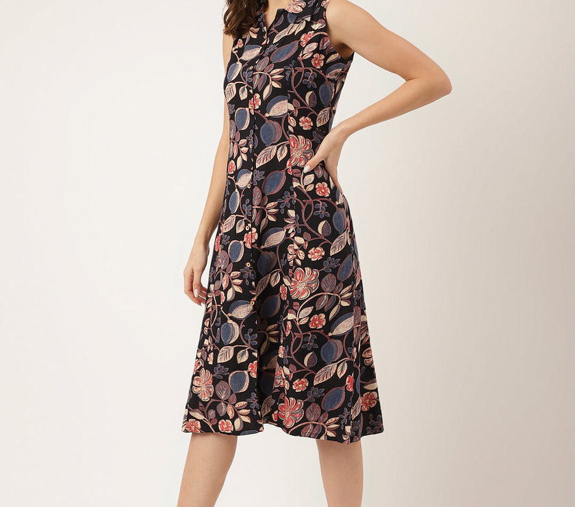 Divena Navy Blue Floral Print Rayon A-Line Midi Dress with Attached Sleeves for Women