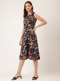 Divena Navy Blue Floral Print Rayon A-Line Midi Dress with Attached Sleeves for Women