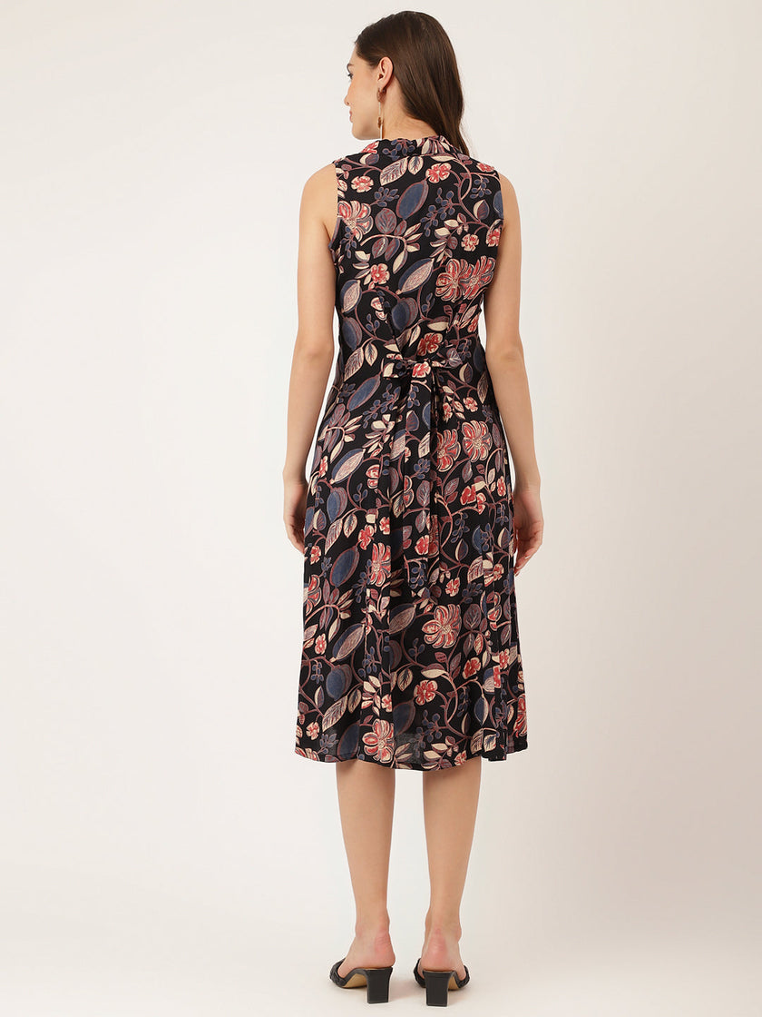 Divena Navy Blue Floral Print Rayon A-Line Midi Dress with Attached Sleeves for Women