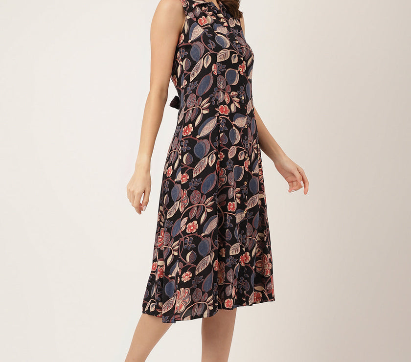 Divena Navy Blue Floral Print Rayon A-Line Midi Dress with Attached Sleeves for Women