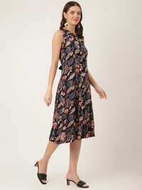 Divena Navy Blue Floral Print Rayon A-Line Midi Dress with Attached Sleeves for Women