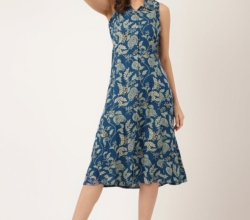 Divena Blue Floral Printed Rayon A-Line Midi Dress with Attached Sleeves for Women